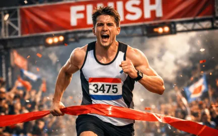 En atletisk snart 3-barnsfar som krysser mållinjen i en maraton