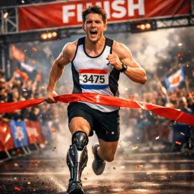 En atletisk snart 3-barnsfar som krysser mållinjen i en maraton